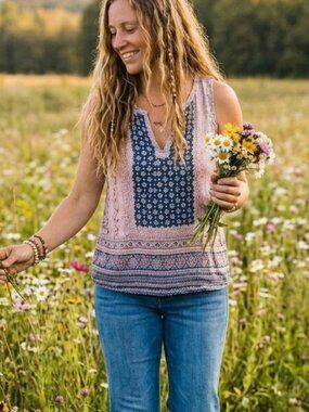Lucky Brand Womens Tank Top Medium Pink/Gray Navy BOHO